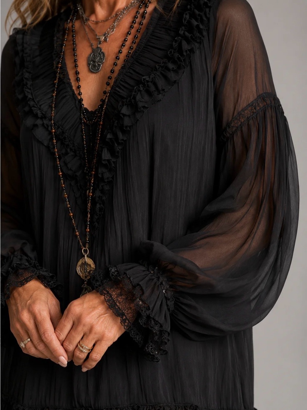 Sheer Ruffle V-Neck Black Babydoll Dress - Picture 4 of 4